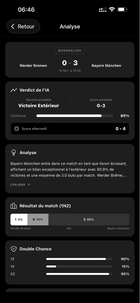 iA ParisSportif - AI analysis screen of iA ParisSportif app showing match predictions and probabilities for a Bundesliga game