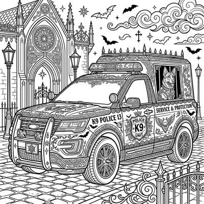 Dive into a uniquely styled coloring experience with our Gothic K9 Police Vehicle design. This intricate page blends law enforcement action with dark, ornate beauty, featuring a police dog within a beautifully detailed, Victorian-inspired cruiser.