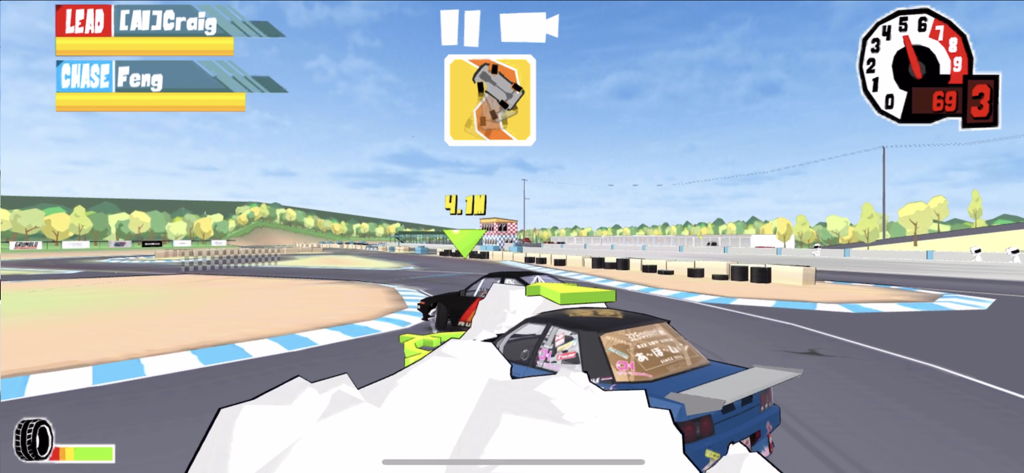 Tandem drift battle gameplay in FR Legends featuring a lead and chase car on a racing circuit