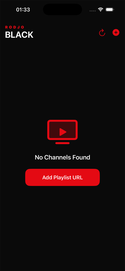 Rodjo Black IPTV player home screen with add playlist URL button