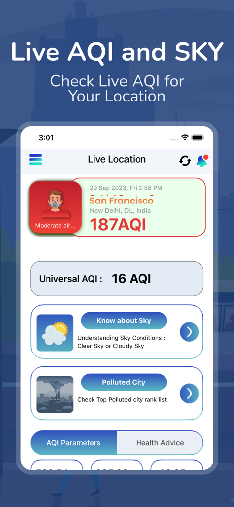 Mobile app interface showing live air quality index data and sky conditions for a specific location.
