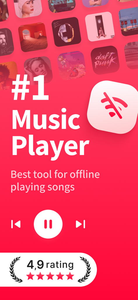 Offline Music Player app promotional screen with playback controls and a high user rating banner on a red background.