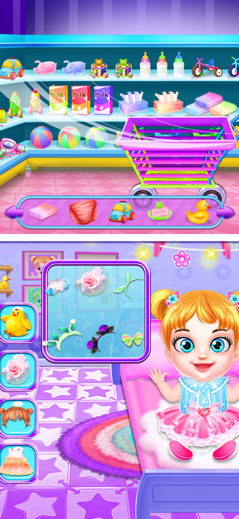 Baby Care - Reborn Baby Games - Captura de pantalla de Cuidado de Bebés Reborn mostrando un nivel de compra en supermercado y una escena de vestir a un bebé