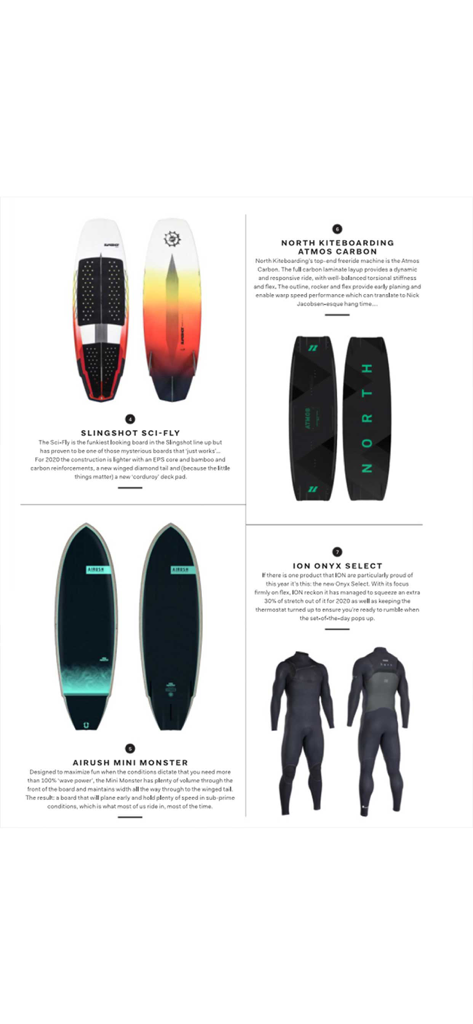 Página de revista digital de la aplicación The Kite Mag que muestra reseñas de equipo de kitesurf para tablas y trajes de neopreno