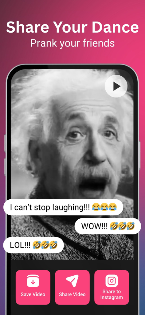 Facezy: AI Photo Face Animator - A smartphone display from the Facezy app showing an animated funny face with options to save and share the video to social media