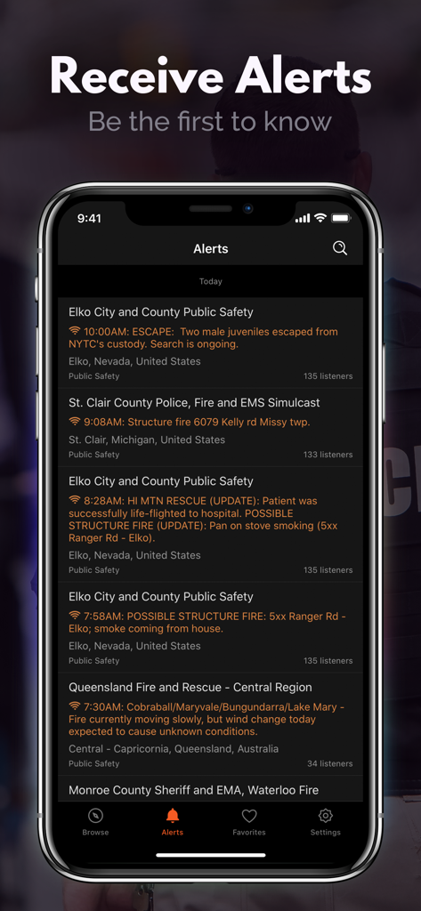 Police scanner app interface showing a list of real time public safety and emergency alerts