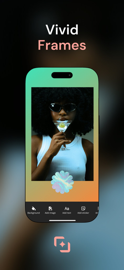 Collagio: Photo Collage Editor - Interface of Collagio photo editor app showing a stylish photo with a vivid gradient frame and sticker.