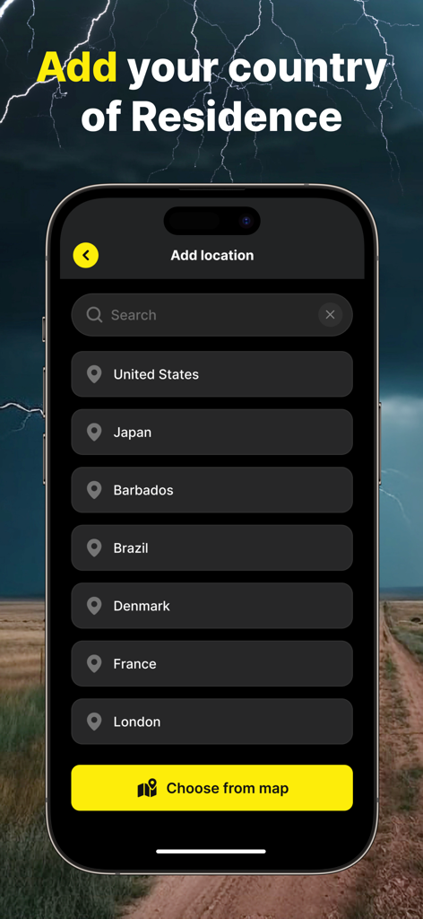 Interface do aplicativo Rastreador de Radar de Relâmpagos para selecionar um país de residência