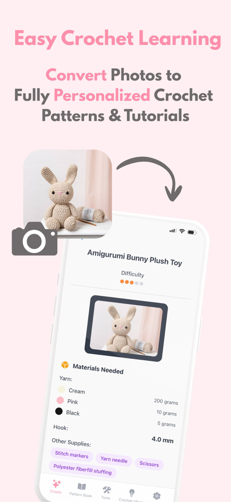 Crochet AI: Crochet Patterns - Crochet AI app screen showing a photo of an amigurumi bunny being converted into a digital pattern with a materials list