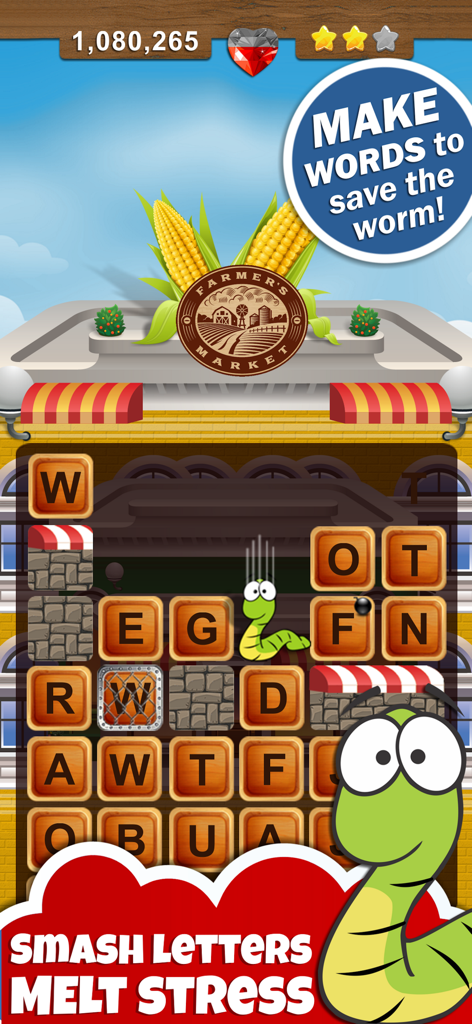 Word Wow Big City gameplay screen showing letter blocks and a green worm character in a city setting.