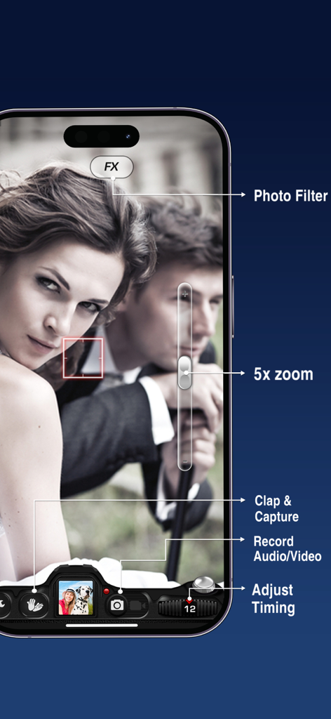 Timer Auto Camera app interface displaying 5x zoom, clap to capture, and timing adjustment controls.