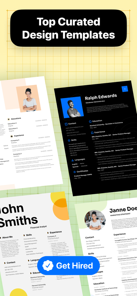 Resume Maker: CV Maker - Una colección de plantillas de currículum profesionales y modernas presentadas en la aplicación Resume Maker.