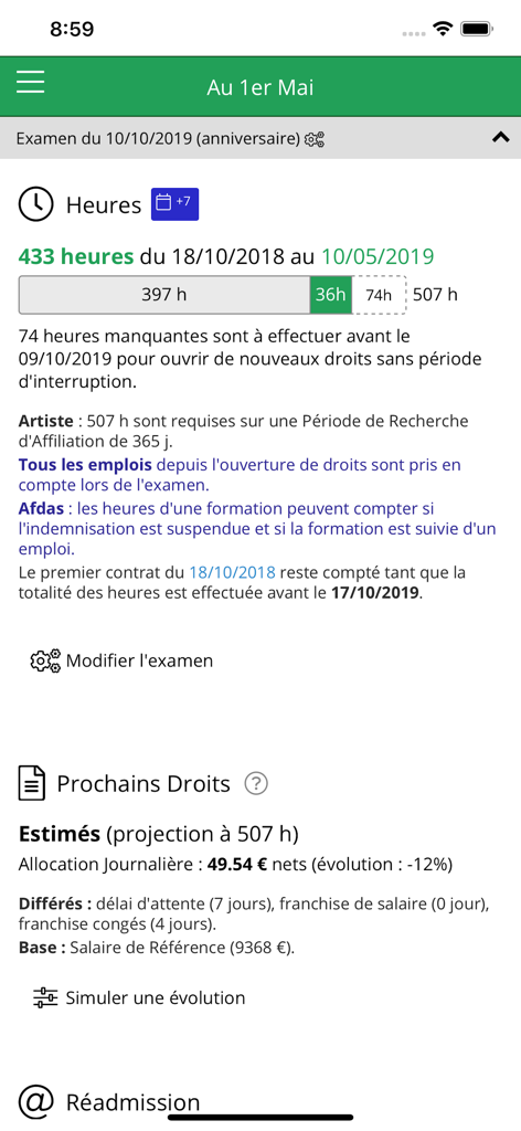 Dashboard of Intermittent Plus app displaying work hours progress and benefit rights estimation