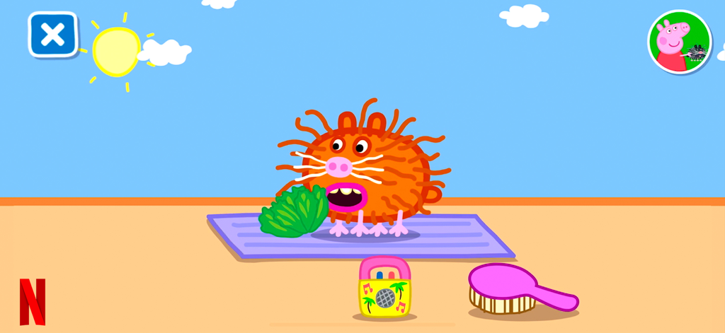 Un hámster naranja y peludo sobre una alfombra morada con lechuga y un cepillo para el pelo en la aplicación de Peppa Pig.