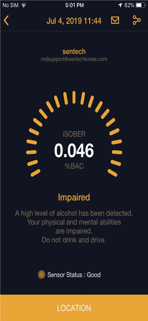 A mobile screen showing a breathalyzer test result of 0.046 BAC with a warning status indicating impaired and a do not drive message.