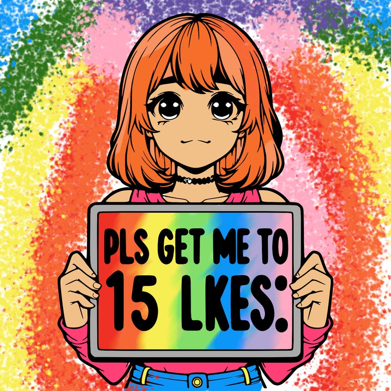 realistic girl holding up a sign that says “pls get me to 15 likes!”