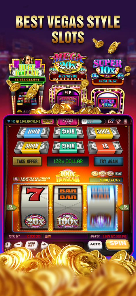 Vegas Live Slots Casino - Una interfaz de máquina tragamonedas clásica de tres rodillos de la aplicación Vegas Live Slots Casino con monedas de oro y bonos en efectivo