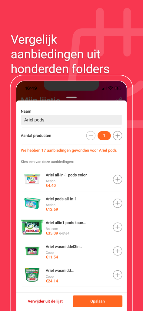 A mobile interface of the Folderz app showing various price offers for Ariel pods from different retailers.