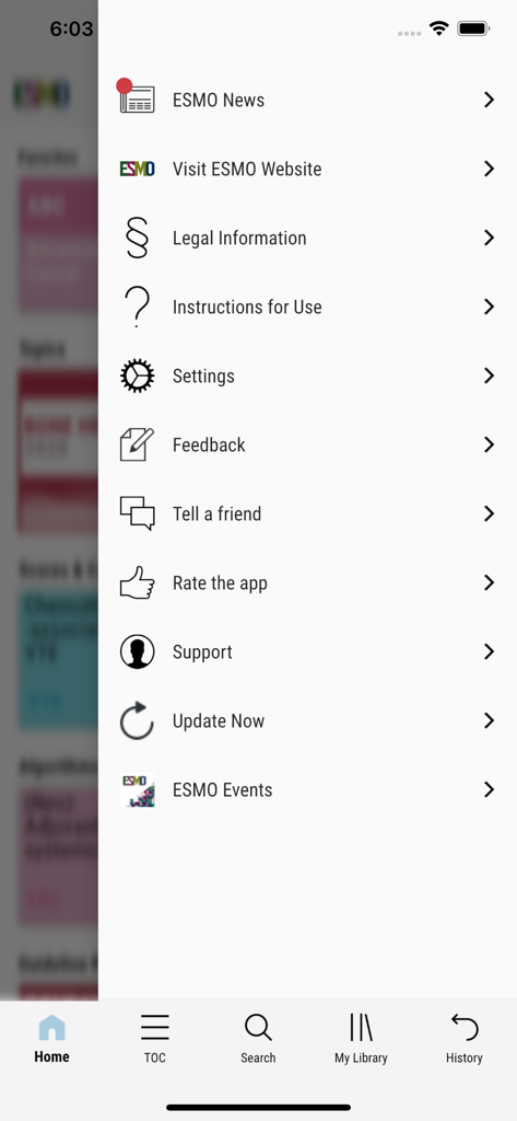 Main navigation menu of the ESMO Interactive Guidelines oncology app