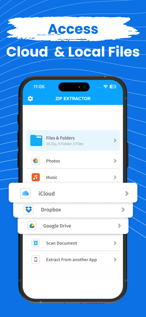 ZIP Extractor app interface showing options to access local files and cloud storage like iCloud, Dropbox, and Google Drive