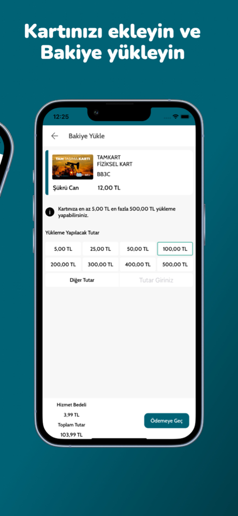 BATUS Batman Ulaşım Sistemleri - A mobile interface of the BATUS app showing options to top up a Batman transit card balance