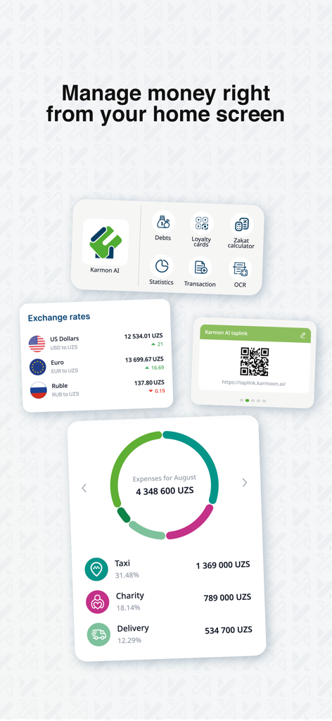 Karmon AI app home screen widgets featuring expense tracking, exchange rates, and a zakat calculator
