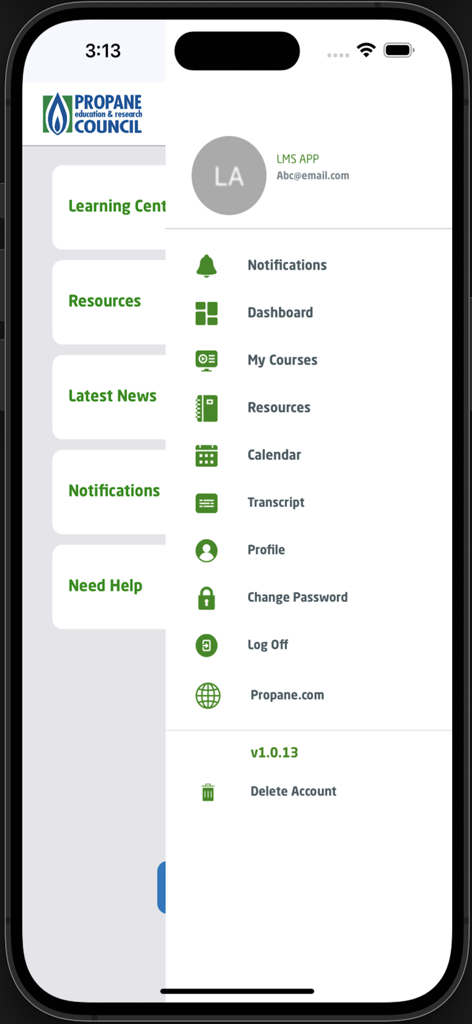 Navigation menu of the PERC App showing sections for courses and resources