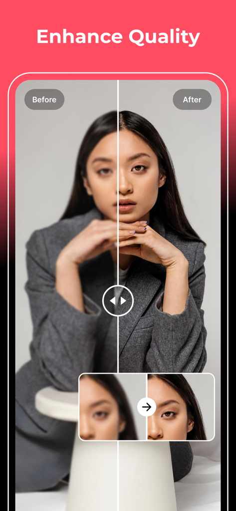 Before and after comparison of a portrait photo using the AI Enhance Quality feature