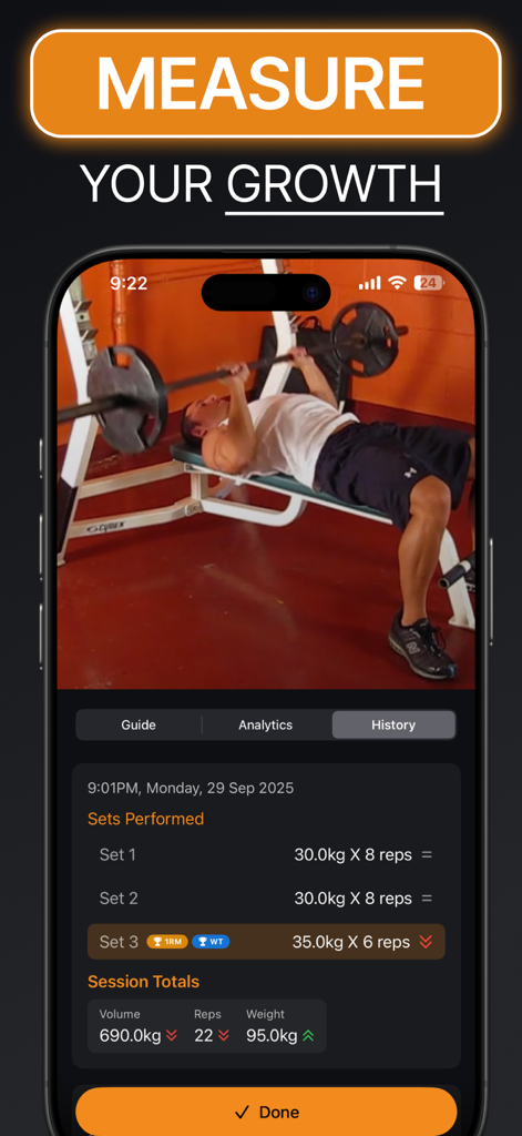 Gymeo app screenshot showing workout history and exercise sets tracking