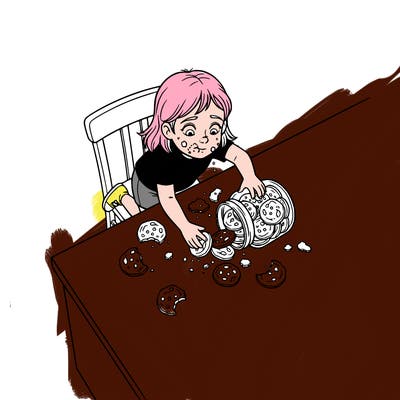 girl spying on cookies but eats them