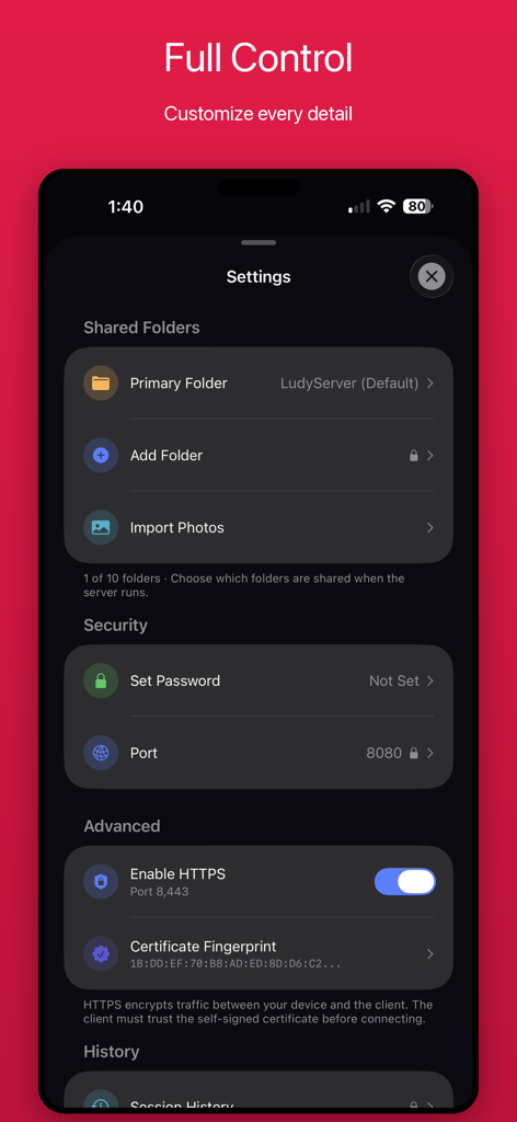 LudyServer - File Transfer - LudyServer app settings showing shared folders and security configuration options