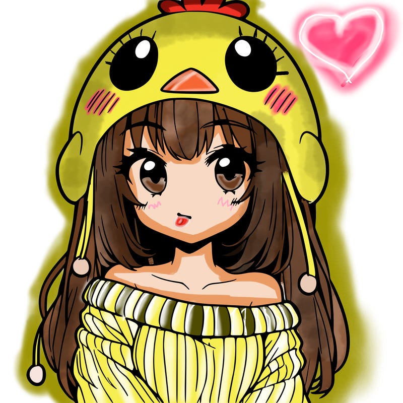 anime girl with chick shaped hat with sweater with bare shoulders with bangs covering them one eye with low tail