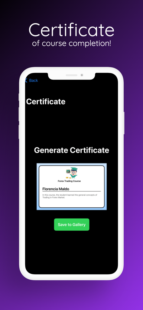 Forex Trading - Tutorial Guide - Pantalla de una aplicación móvil que muestra un certificado digital de finalización de un curso de trading de Forex con una opción para guardar en la galería