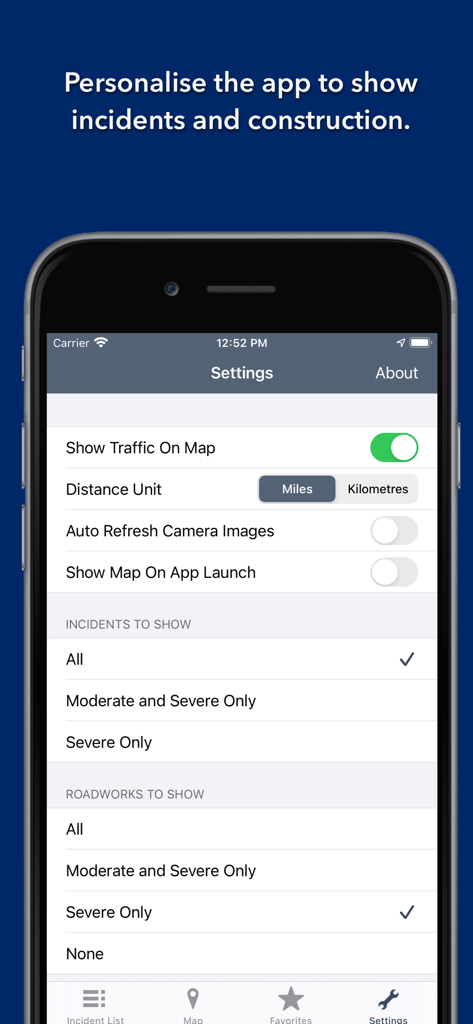 Arizona State Roads app settings menu for personalizing traffic incidents and roadworks filters.