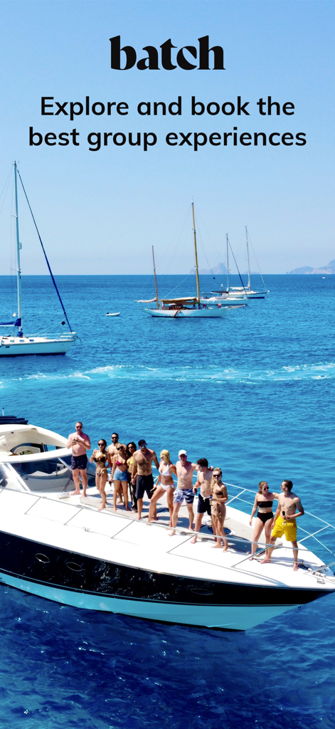 A group of friends enjoying a yacht party booked through the Batch app