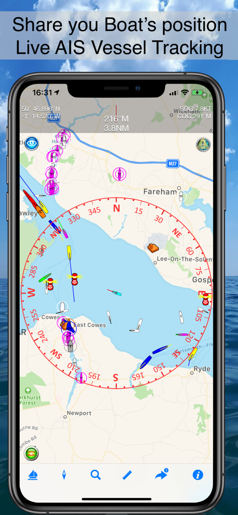 Boat Beacon - Boat Beacon mobile app interface showing live AIS ship tracking on a marine chart.