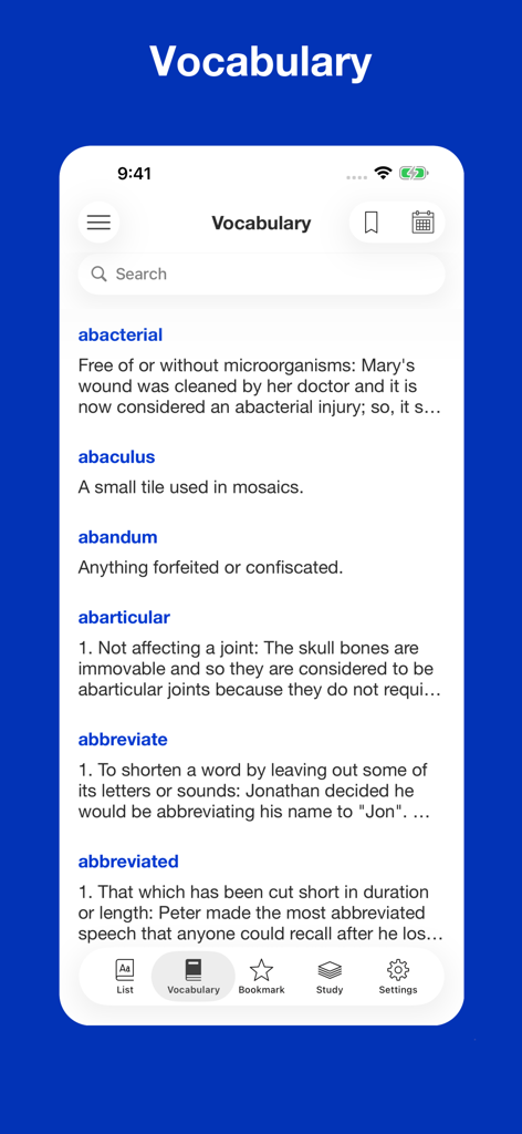 定義と例文付きで英単語を表示している英語の接頭辞・接尾辞マスターアプリ。