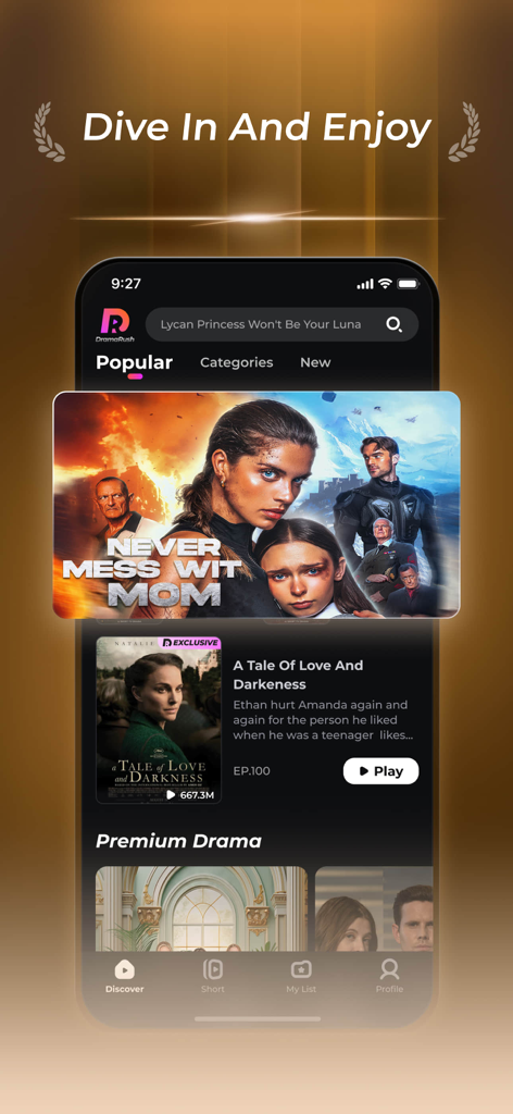DramaRush app home screen showing popular short-form drama series and trending mini-episodes.