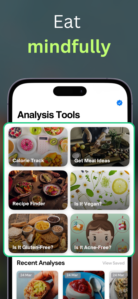 Food Calorie Tracker AI: Foodr - Smartphone screen of Foodr app showing analysis tools for calorie tracking and acne trigger identification