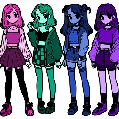 one girl with crop-top shirt and a jacket with a skirt, long socks and another girl with a shirt and pants with a jacket