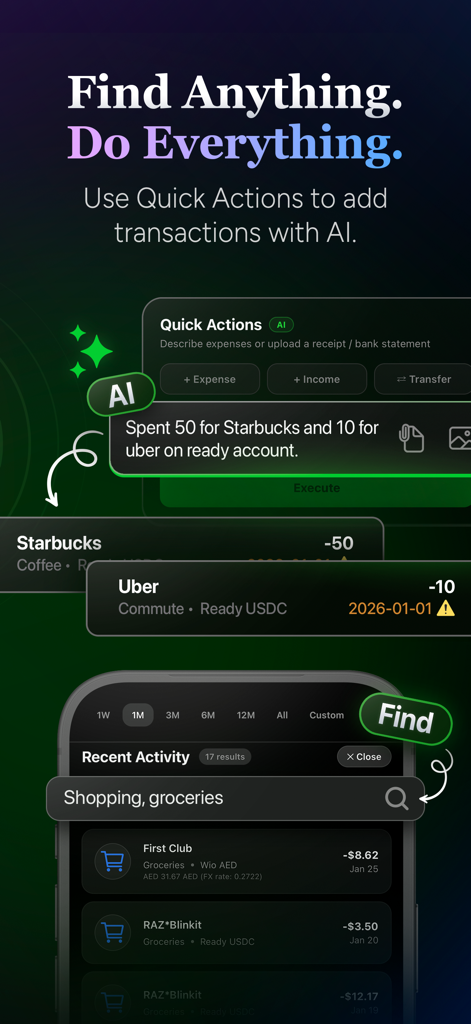 Oberfläche der arc AI Budget App, die Schnelltasten zur Transaktionserstellung mithilfe von KI und ein Suchwerkzeug für Ausgaben anzeigt