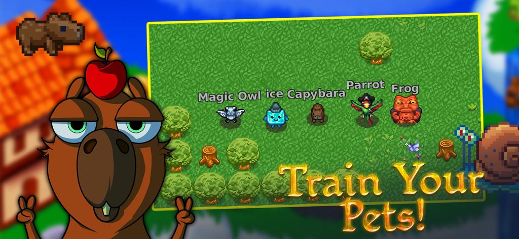 Kakele Online - MMORPG - Kakele Online 2Dピクセルアートゲーム画面、カピバラやフクロウなどのペットが表示され、「ペットを訓練しよう」というテキストが表示されています