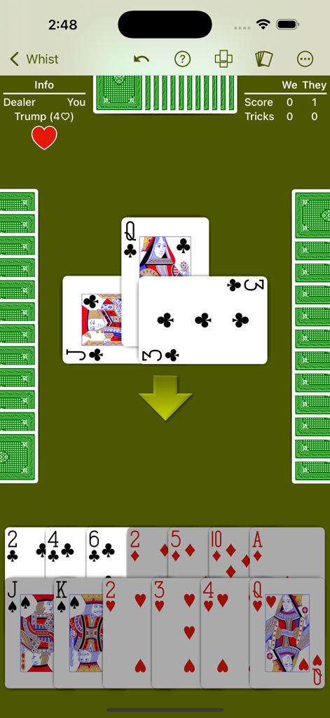 Whist - Expert AI - A single player Whist card game match against expert AI opponents showing the classic green felt table and card trick.