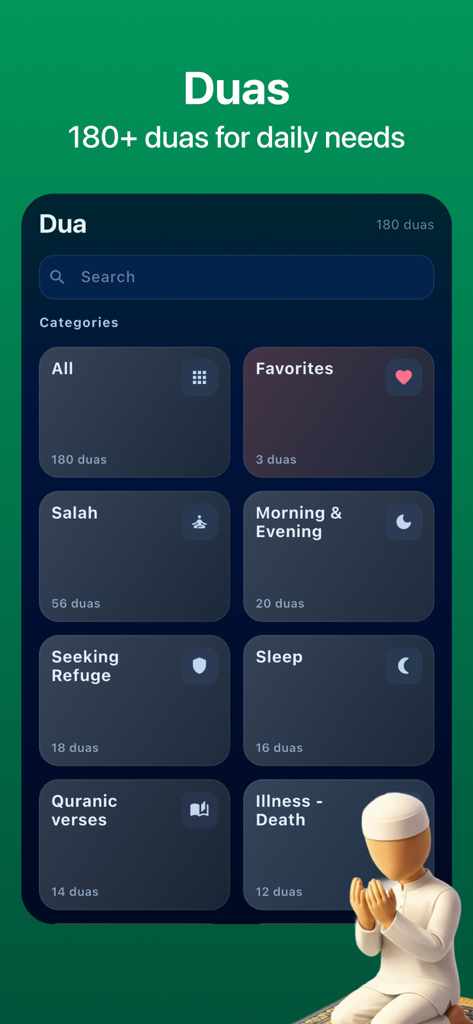 Muslim Bro: Prayer & Quran - A mobile app interface displaying a categorized list of Islamic duas for various daily needs.