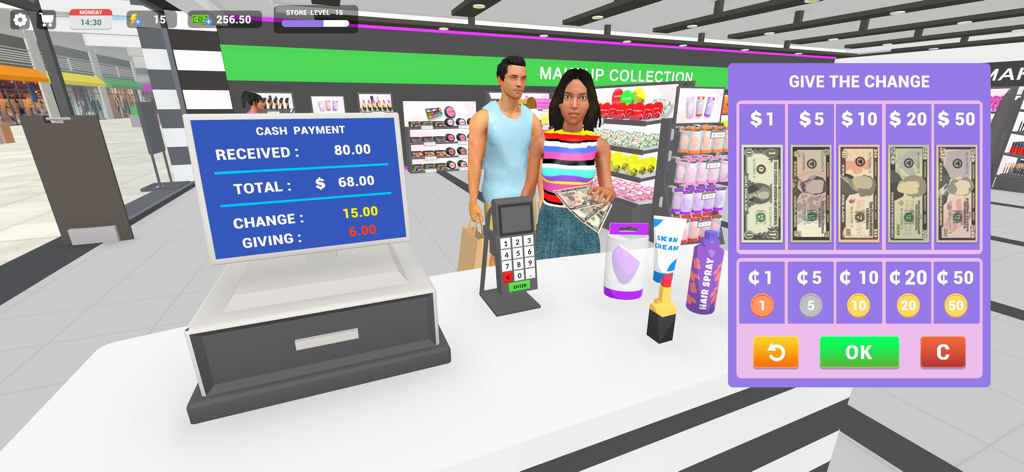 Makeup Store Simulator - Gameplay of the checkout process in Makeup Store Simulator showing the cash register and change interface.