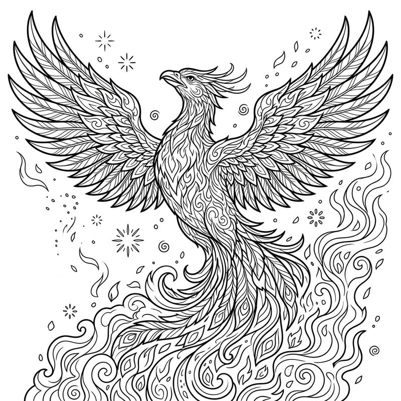 Dive into the mythical world with this stunning phoenix coloring page, perfect for teens who love intricate designs and fantasy art. Experience the power of rebirth as you bring this majestic bird to life with your unique colors.
