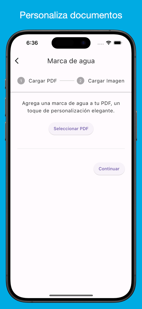 PDF Only - Editor de PDF - Mobile app interface for adding a watermark to PDF documents