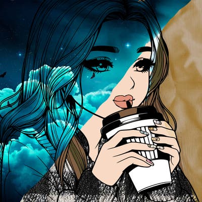 realistic girl drinking coffee