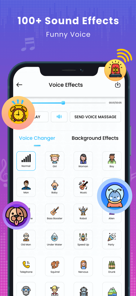 AI Voice Changer - Funny Prank - AI Voice Changer app interface showing a list of voice filters like baby robot and alien for funny pranks