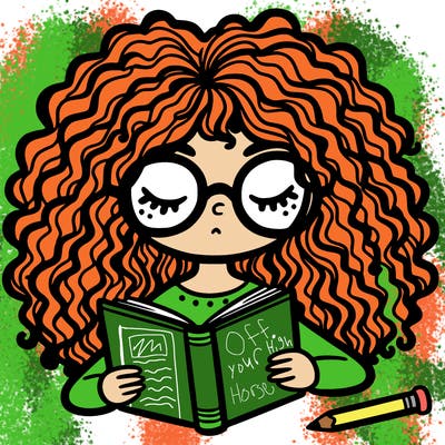 curly haired girl with glasses reading a book